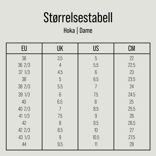 Størrelsestabell Hoka dame