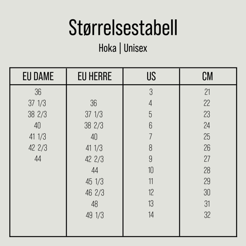 Størrelsestabell Hoka Unisex